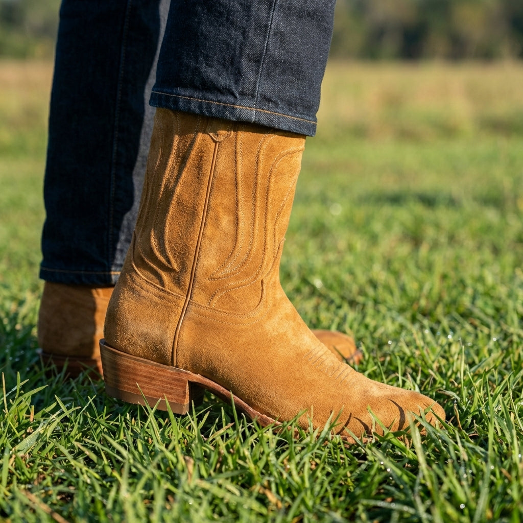 Tan Suede Leather Renovaux Slip On Zipper Western Cowboy Boots - AW24