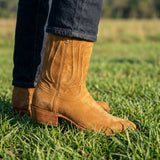 Tan Suede Leather Renovaux Slip On Zipper Western Cowboy Boots - AW24