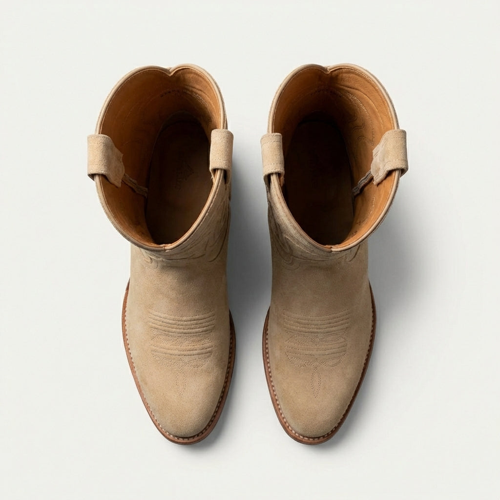 Beige Suede Leather Renovaux Slip On Zipper Western Cowboy Boots - AW24