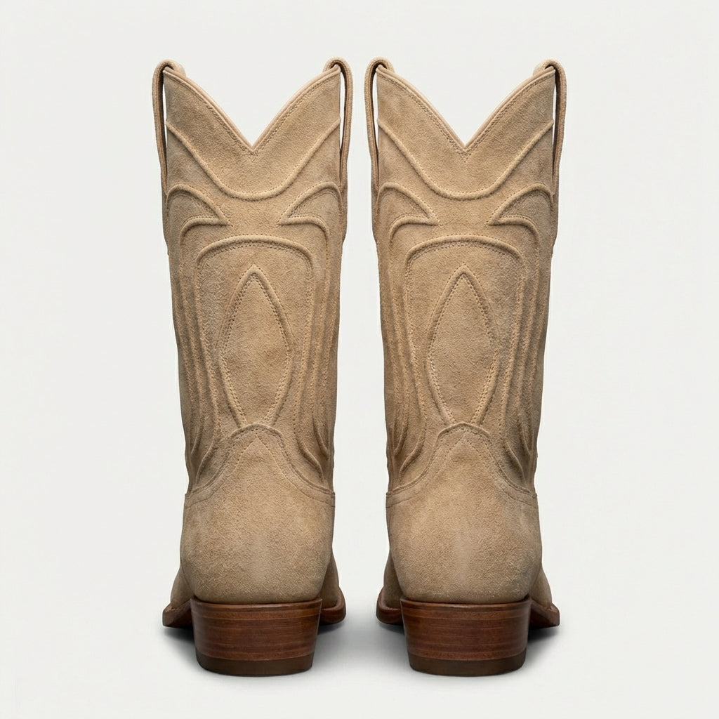 Beige Suede Leather Renovaux Slip On Zipper Western Cowboy Boots - AW24