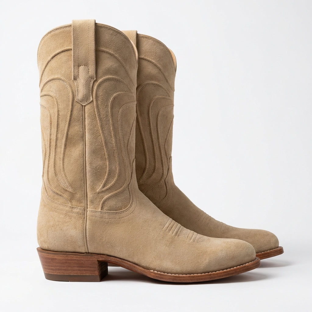 Beige Suede Leather Renovaux Slip On Zipper Western Cowboy Boots - AW24