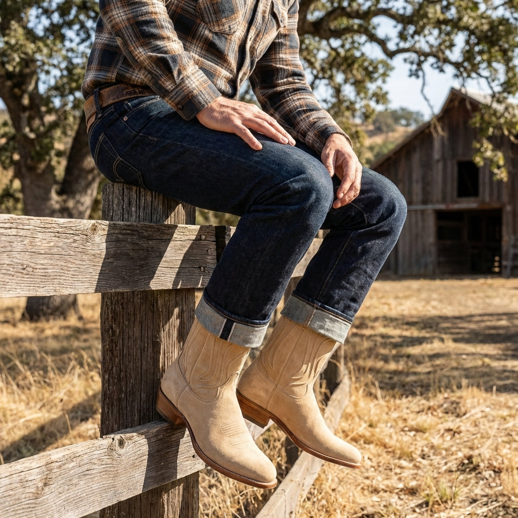 Beige Suede Leather Renovaux Slip On Zipper Western Cowboy Boots - AW24