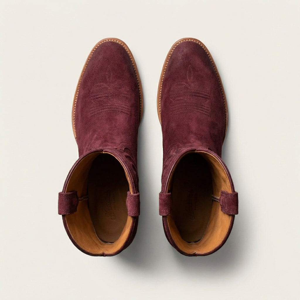 Burgundy Suede Leather Renovaux Slip On Zipper Western Cowboy Boots - AW24