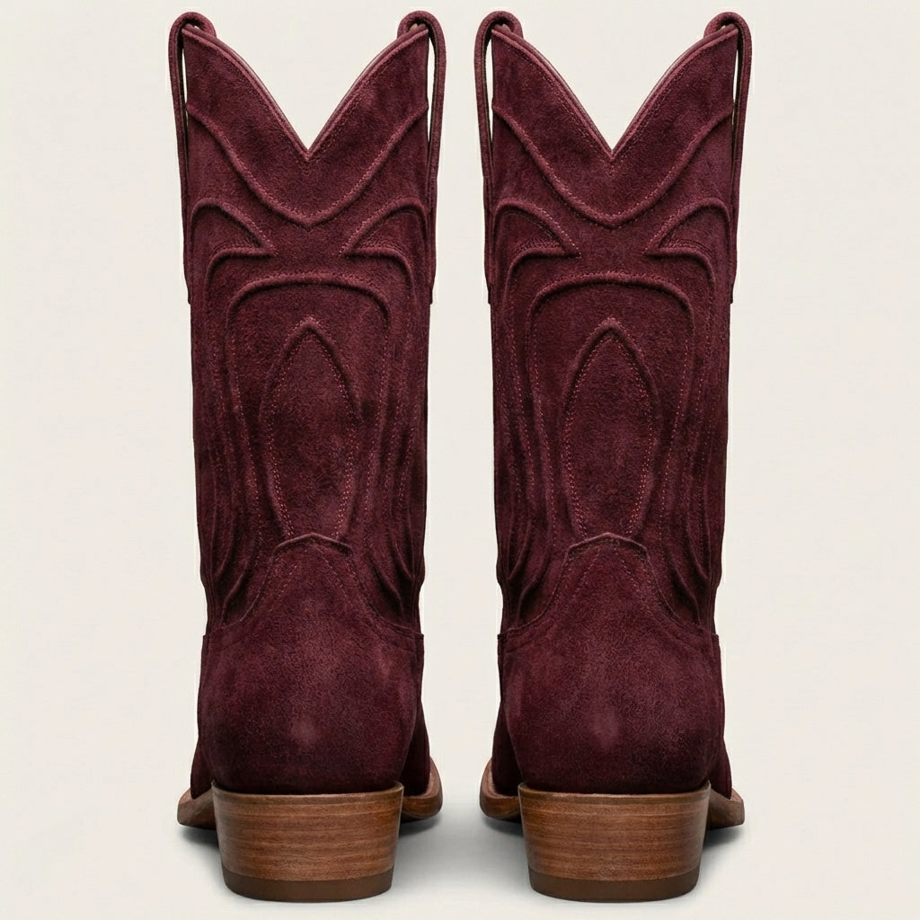 Burgundy Suede Leather Renovaux Slip On Zipper Western Cowboy Boots - AW24