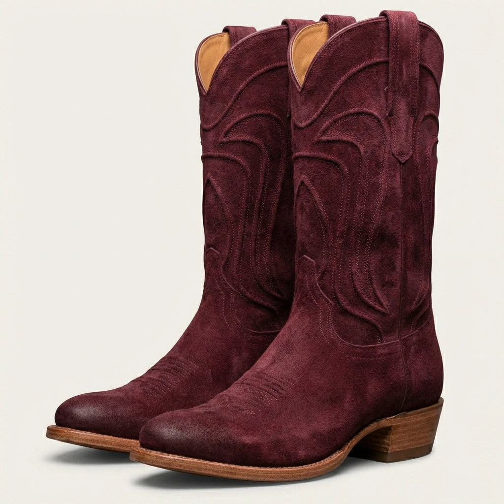 Burgundy Suede Leather Renovaux Slip On Zipper Western Cowboy Boots - AW24