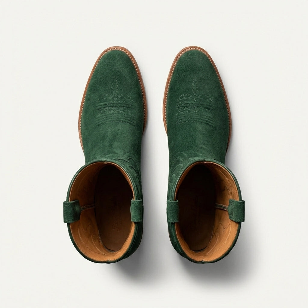 Green Suede Leather Renovaux Slip On Zipper Western Cowboy Boots - AW24
