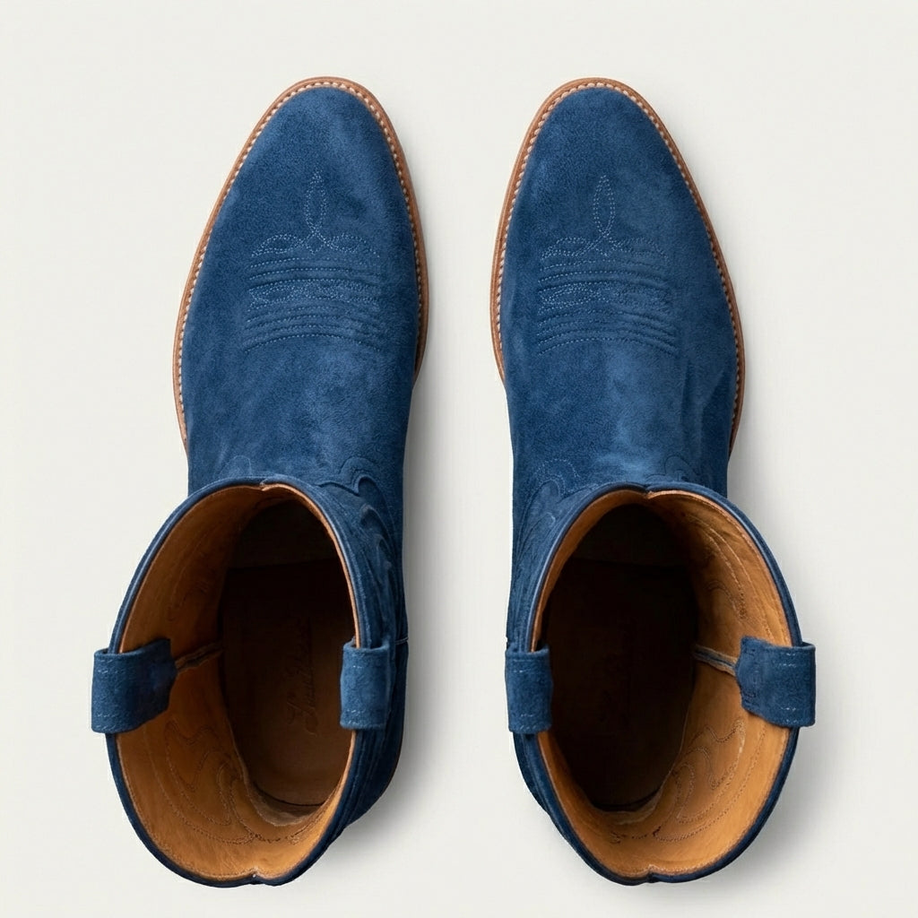 Blue Suede Leather Renovaux Slip On Zipper Western Cowboy Boots - AW24
