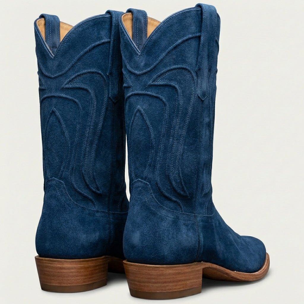 Blue Suede Leather Renovaux Slip On Zipper Western Cowboy Boots - AW24