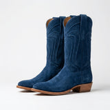 Blue Suede Leather Renovaux Slip On Zipper Western Cowboy Boots - AW24