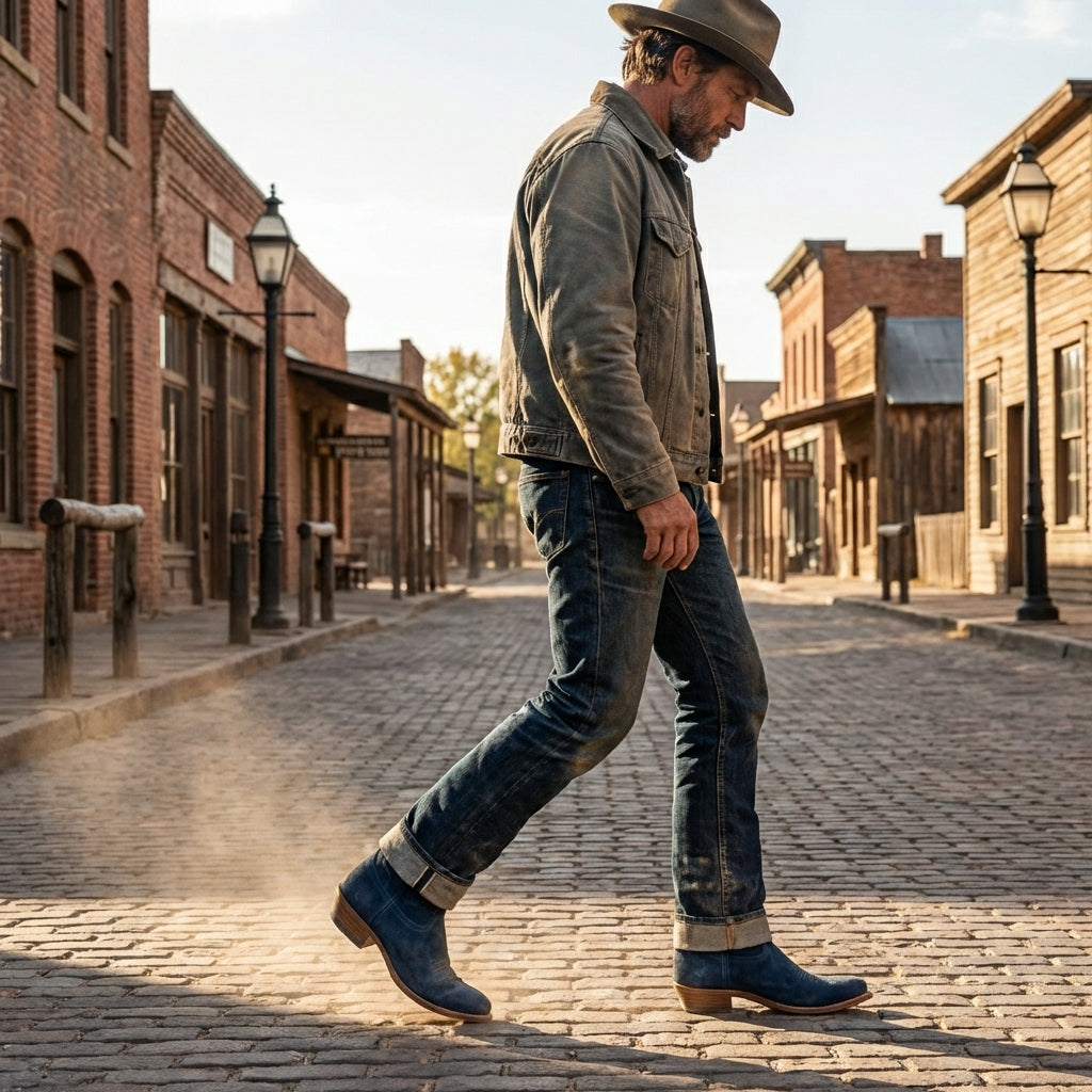 Blue Suede Leather Renovaux Slip On Zipper Western Cowboy Boots - AW24