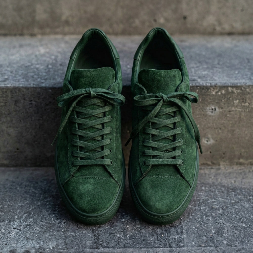 Green Suede Leather Remigio Lace-Up With Red Sole Sneakers