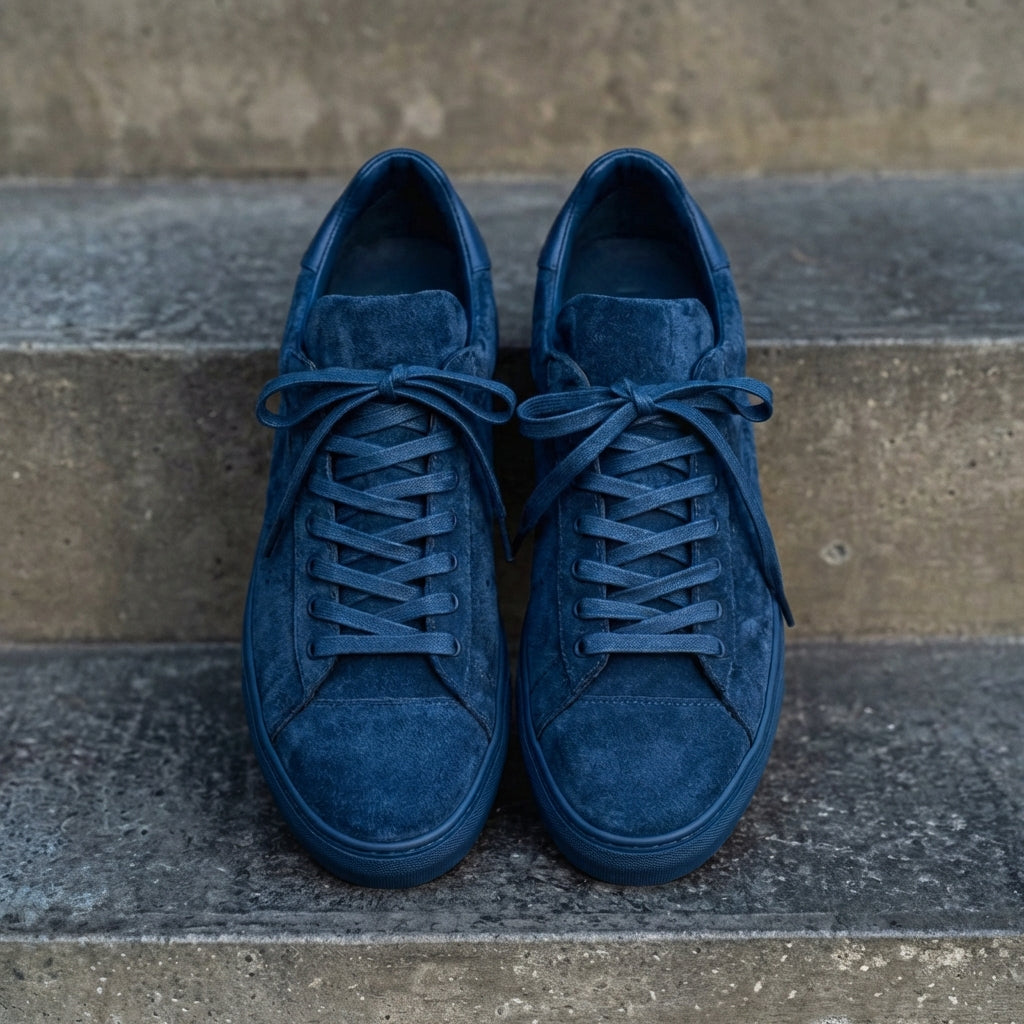 Blue Suede Leather Remigio Lace-Up With Red Sole Sneakers
