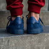 Blue Suede Leather Remigio Lace-Up With Red Sole Sneakers