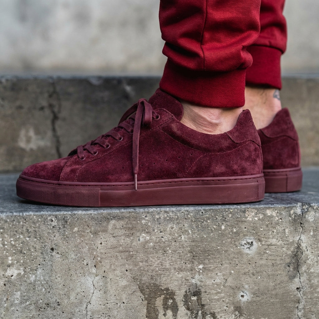 Burgundy Suede Leather Remigio Lace-Up With Red Sole Sneakers