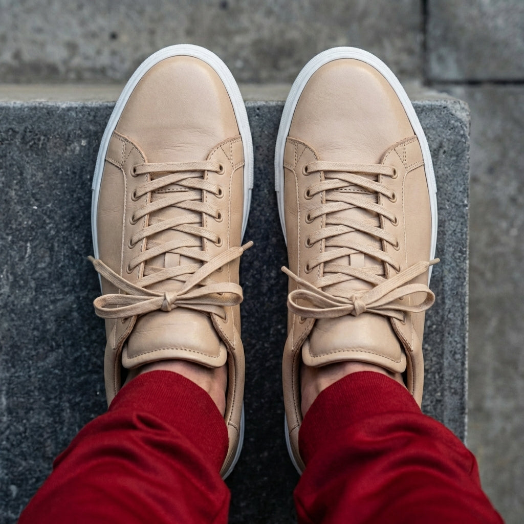 Beige Leather Remigio Lace-Up With Red Sole Sneakers