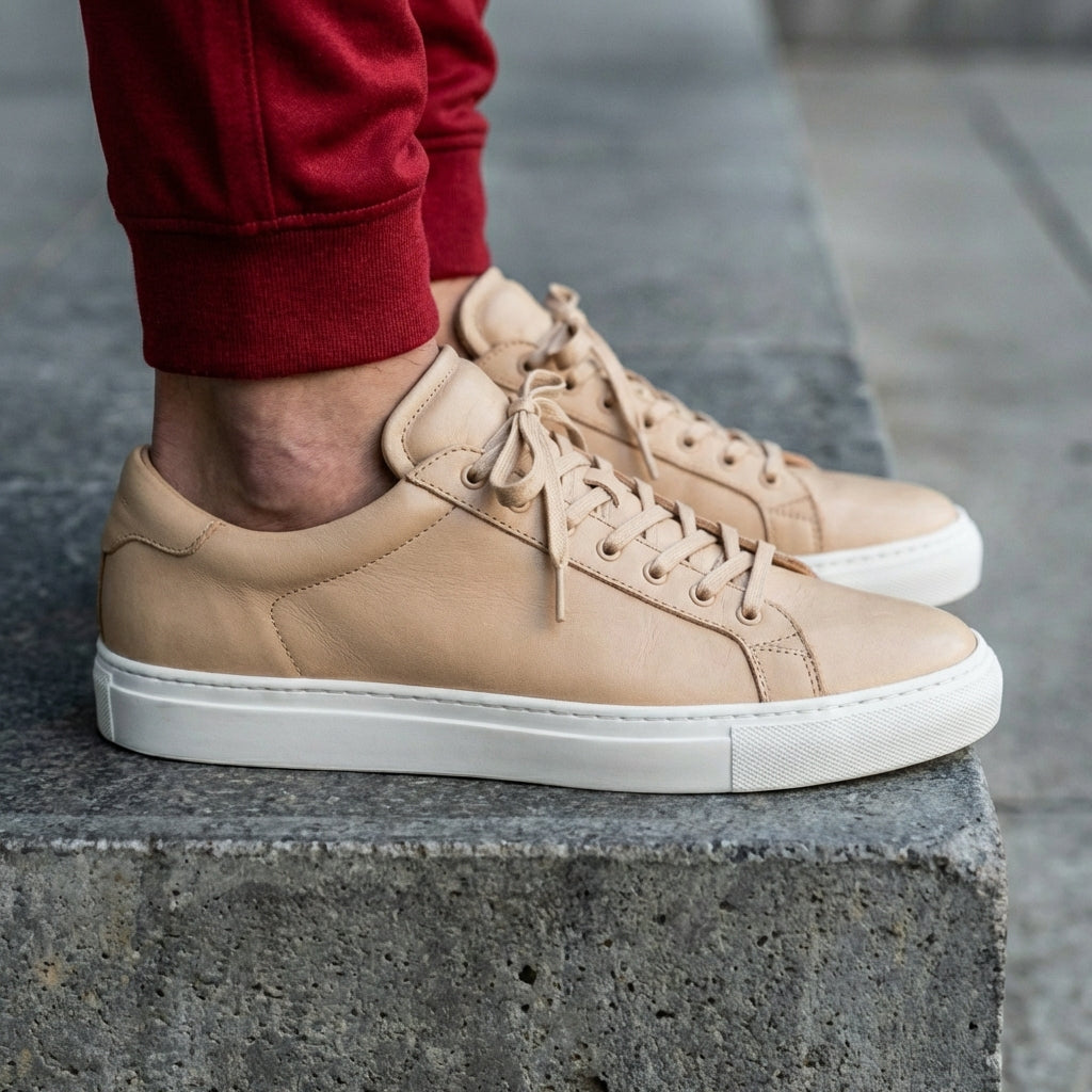 Beige Leather Remigio Lace-Up With Red Sole Sneakers