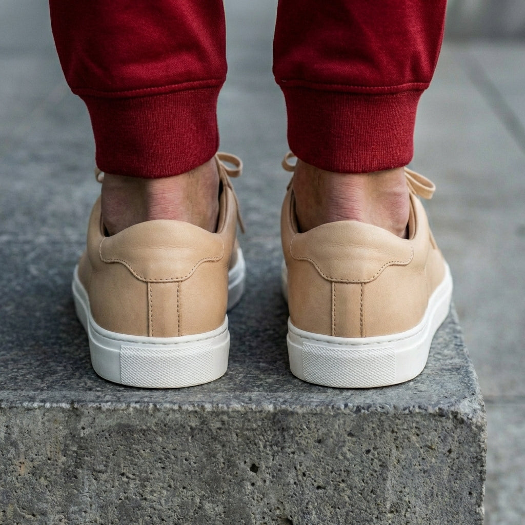 Beige Leather Remigio Lace-Up With Red Sole Sneakers