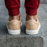 Beige Leather Remigio Lace-Up With Red Sole Sneakers