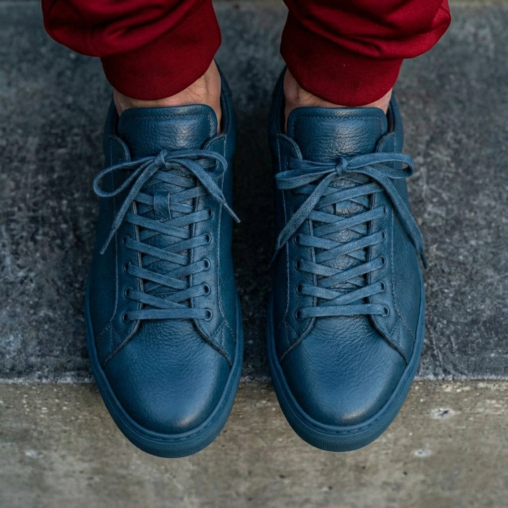 Blue Leather Remigio Lace-Up With Red Sole Sneakers