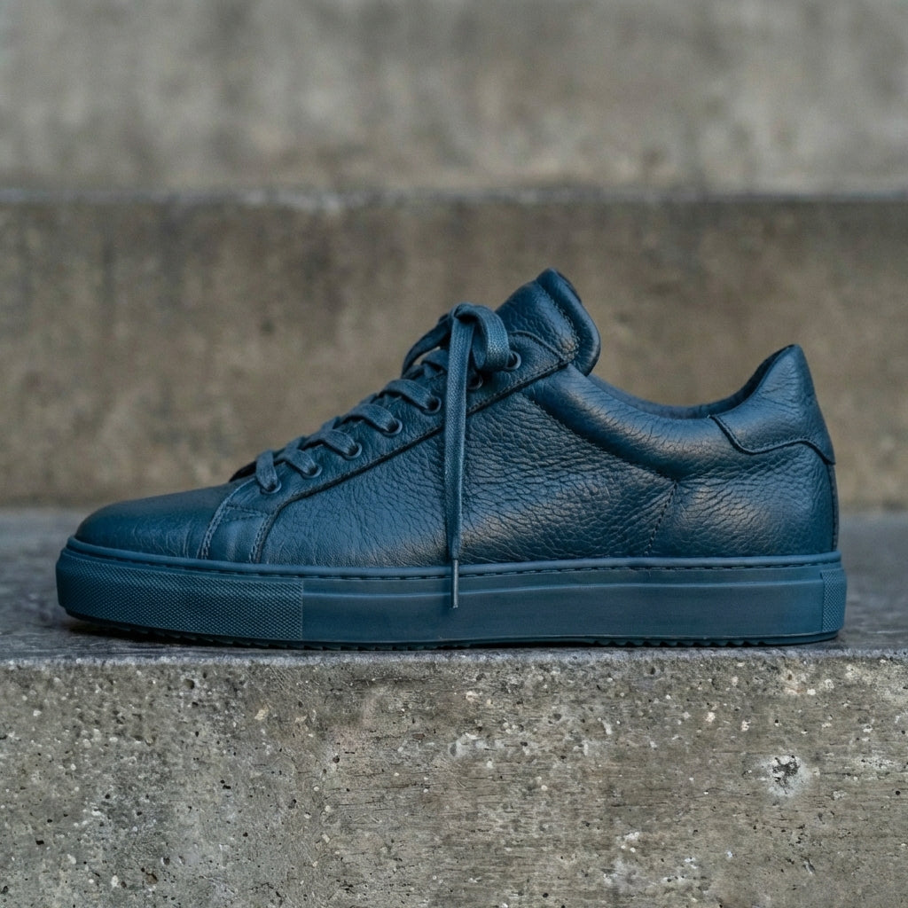 Blue Leather Remigio Lace-Up With Red Sole Sneakers