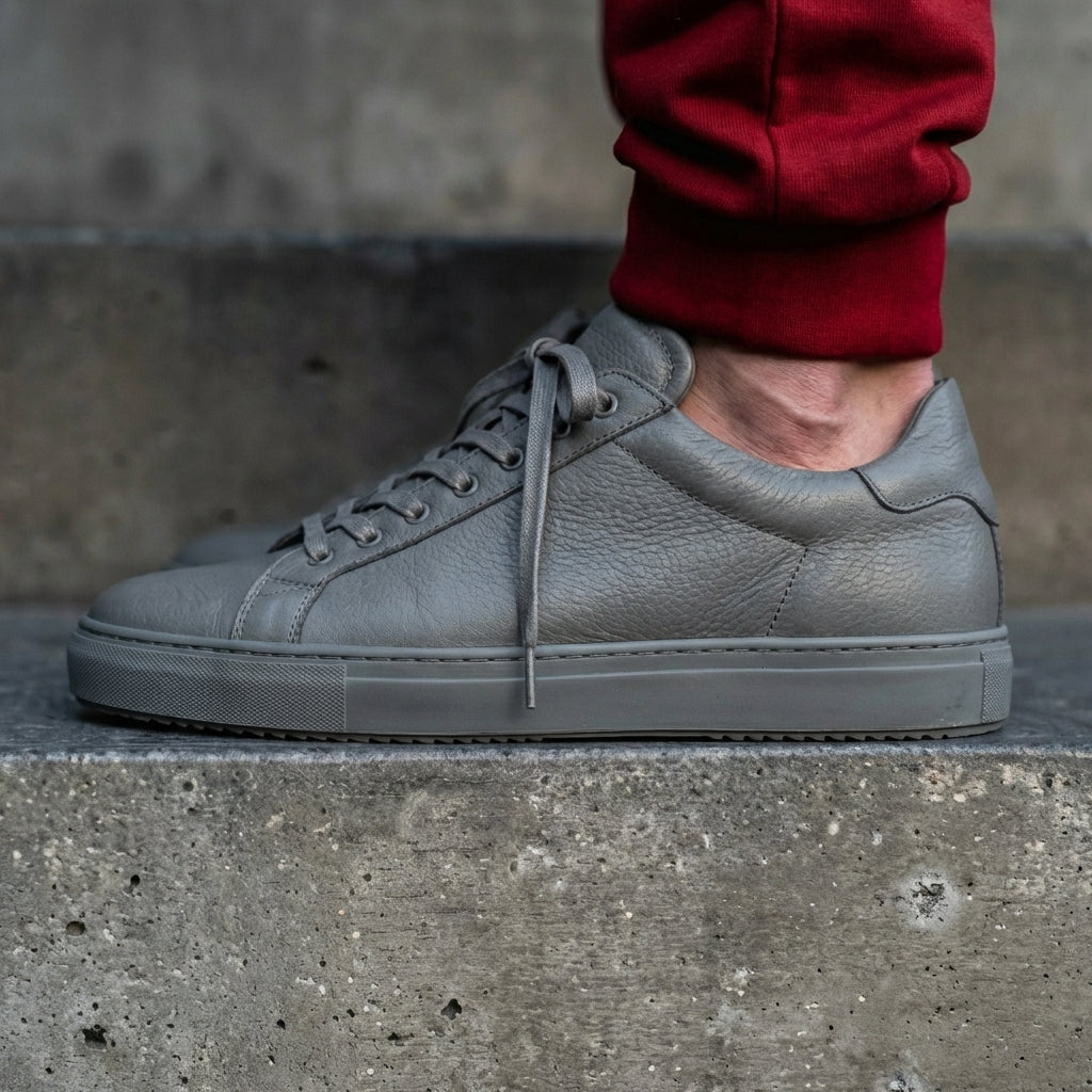 Grey Leather Remigio Lace-Up With Red Sole Sneakers
