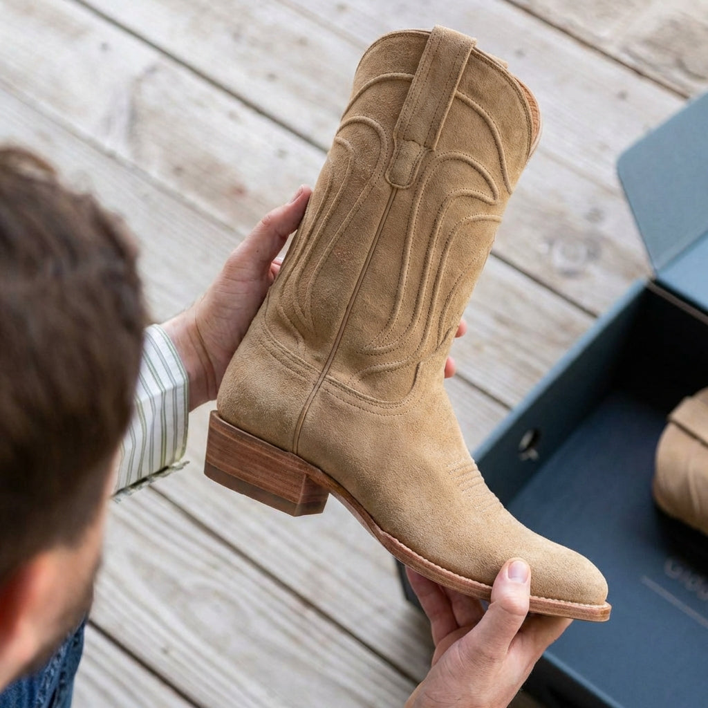 Beige Suede Leather Renovaux Slip On Zipper Western Cowboy Boots - AW24