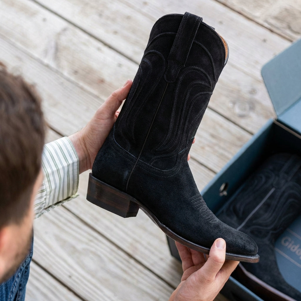 Black Suede Leather Renovaux Slip On Zipper Western Cowboy Boots - AW24