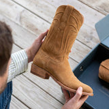 Tan Suede Leather Renovaux Slip On Zipper Western Cowboy Boots - AW24