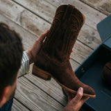 Brown Suede Leather Renovaux Slip On Zipper Western Cowboy Boots - AW24