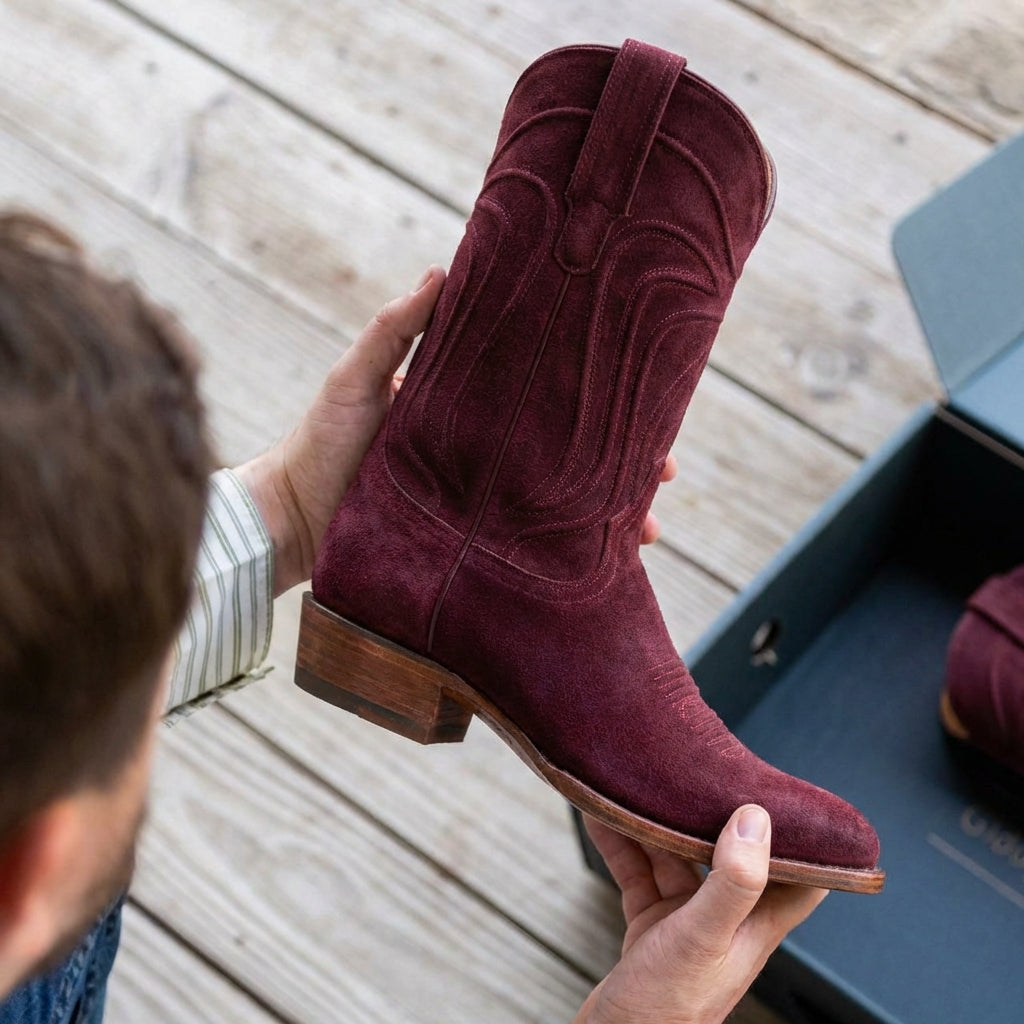 Burgundy Suede Leather Renovaux Slip On Zipper Western Cowboy Boots - AW24