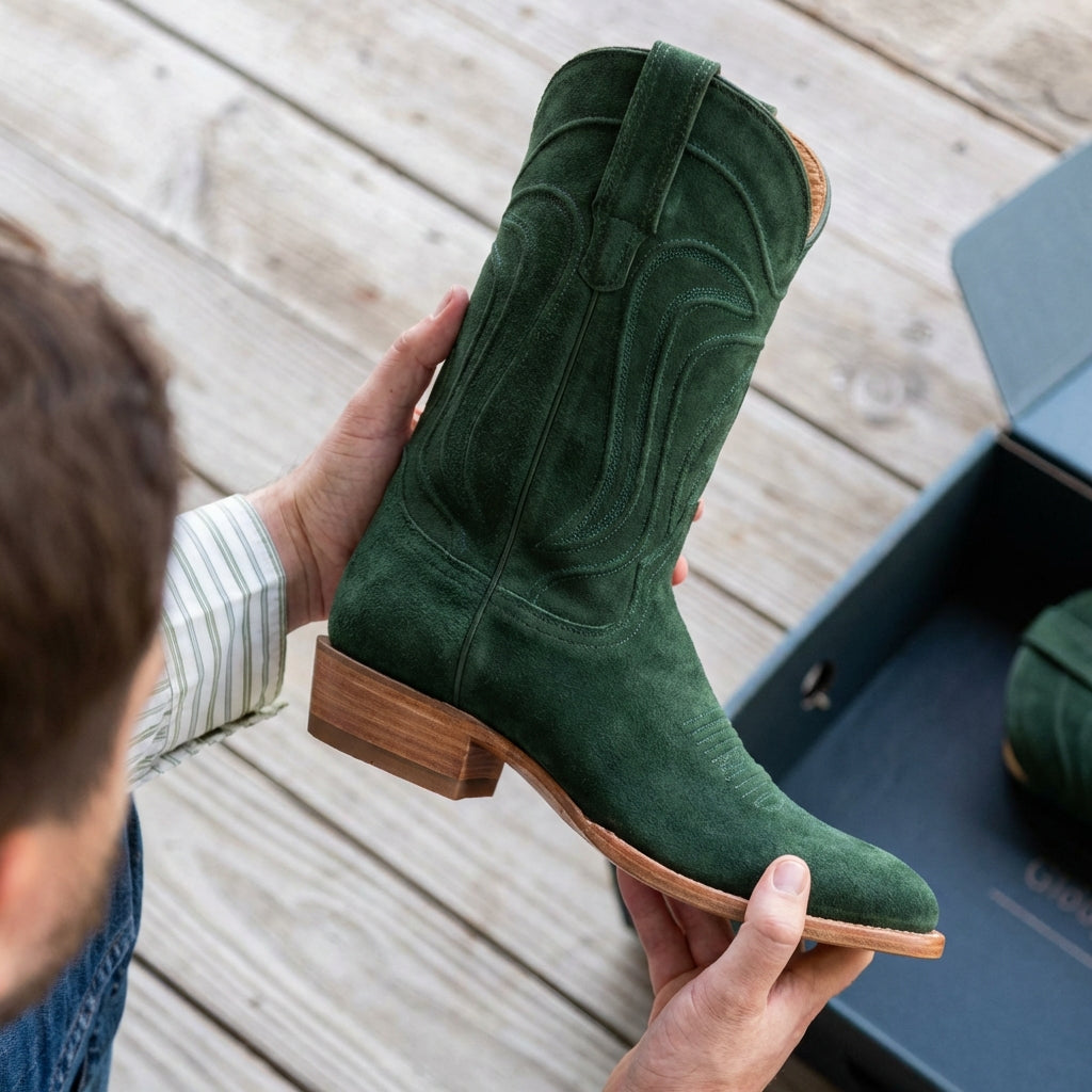 Green Suede Leather Renovaux Slip On Zipper Western Cowboy Boots - AW24