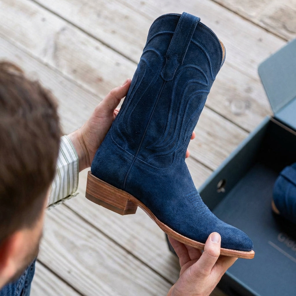 Blue Suede Leather Renovaux Slip On Zipper Western Cowboy Boots - AW24
