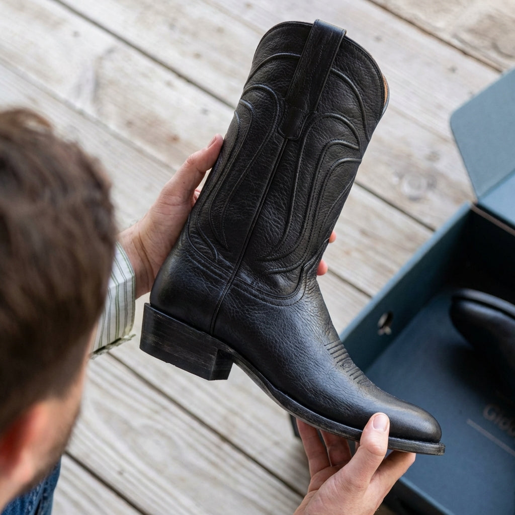 Black Leather Renovaux Slip On Zipper Western Cowboy Boots - AW24