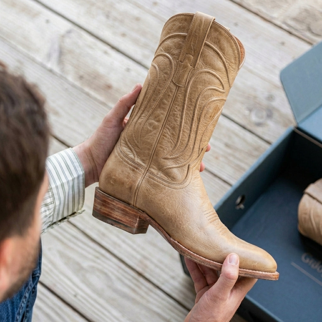 Beige Leather Renovaux Slip On Zipper Western Cowboy Boots - AW24