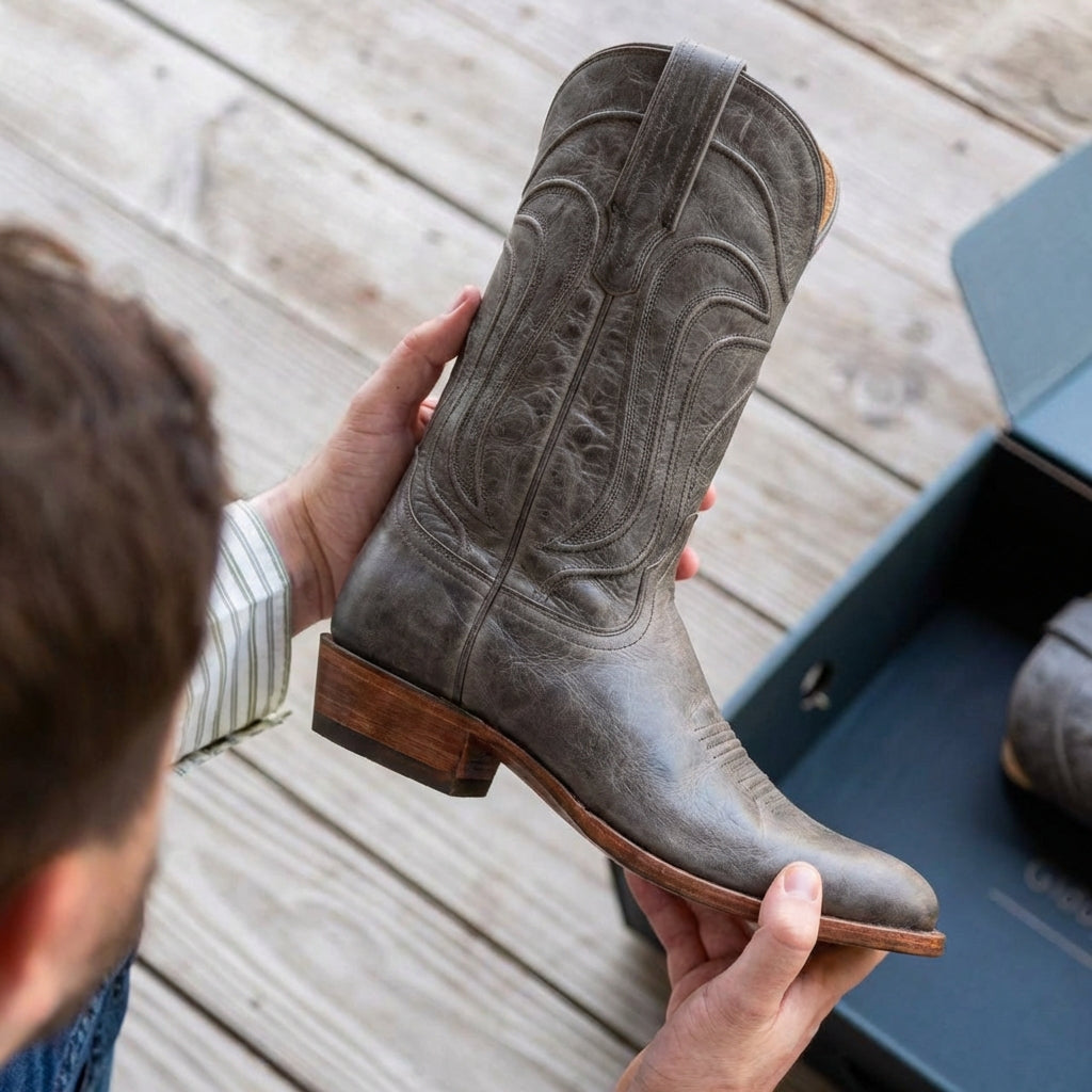 Grey Leather Renovaux Slip On Zipper Western Cowboy Boots - AW24