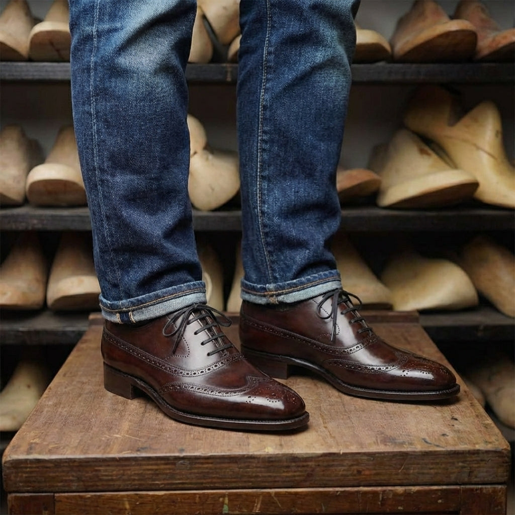 BURGUNDY BROWN LEATHER MODENA BROGUE WINGTIP OXFORD SHOE - ITALIAN AW26