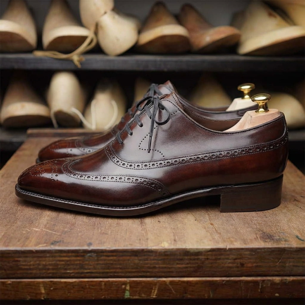 BURGUNDY BROWN LEATHER MODENA BROGUE WINGTIP OXFORD SHOE - ITALIAN AW26