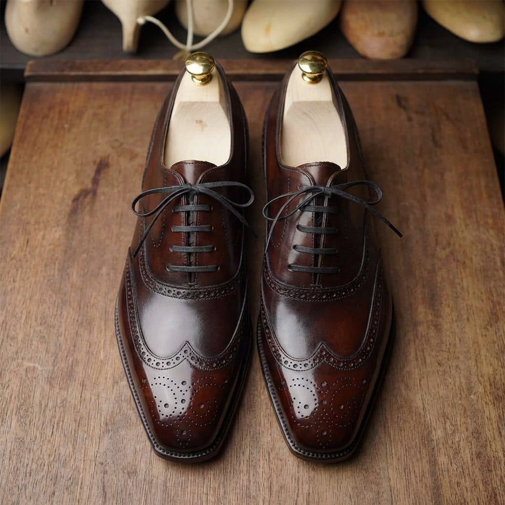 BURGUNDY BROWN LEATHER MODENA BROGUE WINGTIP OXFORD SHOE - ITALIAN AW26