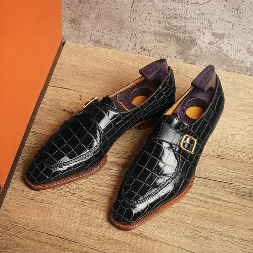 Black Croc Print Leather Algarve Single Monk Straps - AW24 : The Dapper Edit