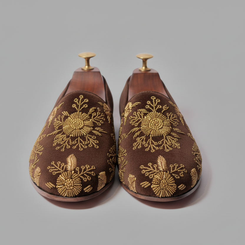 Brown Velvet Tana Peshawari Hand Embroidered Zardozi Loafers | | Wedding Shoes for Groom | Shoes for Haldi Mehendi Sangeet