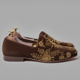 Brown Velvet Tana Peshawari Hand Embroidered Zardozi Loafers | | Wedding Shoes for Groom | Shoes for Haldi Mehendi Sangeet