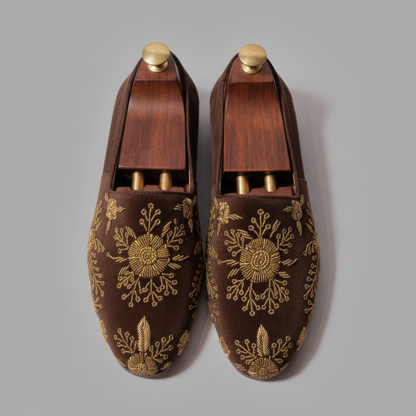 Brown Velvet Tana Peshawari Hand Embroidered Zardozi Loafers | | Wedding Shoes for Groom | Shoes for Haldi Mehendi Sangeet