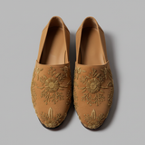 Tan Velvet Tana Peshawari Hand Embroidered Zardozi Loafers | Wedding Shoes for Groom | Shoes for Haldi Mehendi Sangeet