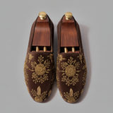 Brown Velvet Tana Peshawari Hand Embroidered Zardozi Loafers | | Wedding Shoes for Groom | Shoes for Haldi Mehendi Sangeet