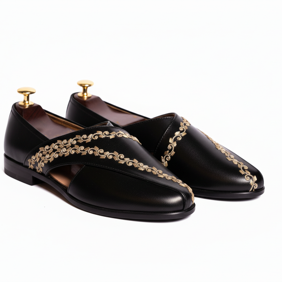 Black Leather Tana Peshawari Hand Embroidered Zardozi Loafers | Wedding Shoes for Groom | Shoes for Haldi Mehendi Sangeet
