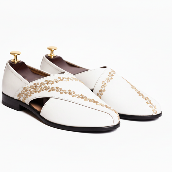White Leather Tana Peshawari Hand Embroidered Zardozi Loafers | Wedding Shoes for Groom | Shoes for Haldi Mehendi Sangeet