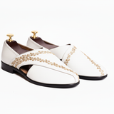 White Leather Tana Peshawari Hand Embroidered Zardozi Loafers | Wedding Shoes for Groom | Shoes for Haldi Mehendi Sangeet
