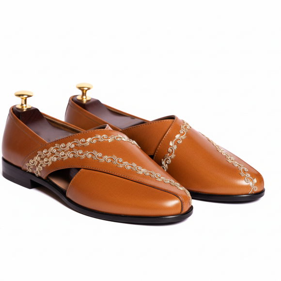 Tan Leather Tana Peshawari Hand Embroidered Zardozi Loafers | Wedding Shoes for Groom | Shoes for Haldi Mehendi Sangeet