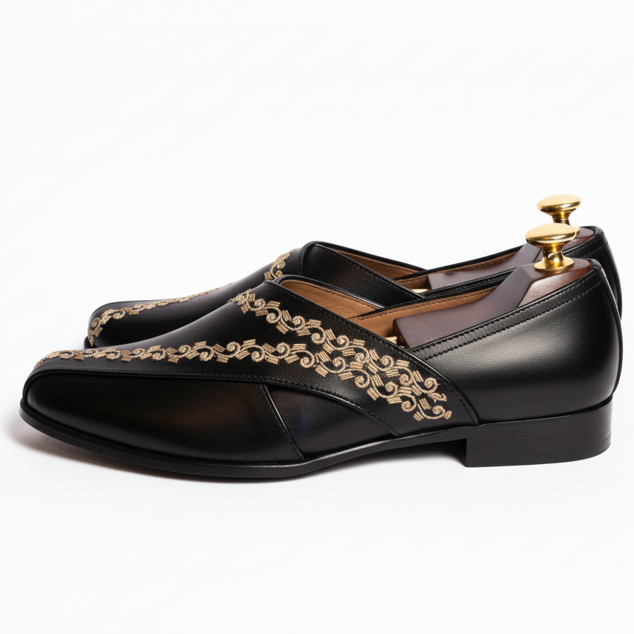 Black Leather Tana Peshawari Hand Embroidered Zardozi Loafers | Wedding Shoes for Groom | Shoes for Haldi Mehendi Sangeet