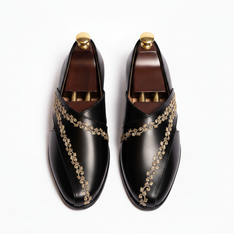 Black Leather Tana Peshawari Hand Embroidered Zardozi Loafers | Wedding Shoes for Groom | Shoes for Haldi Mehendi Sangeet